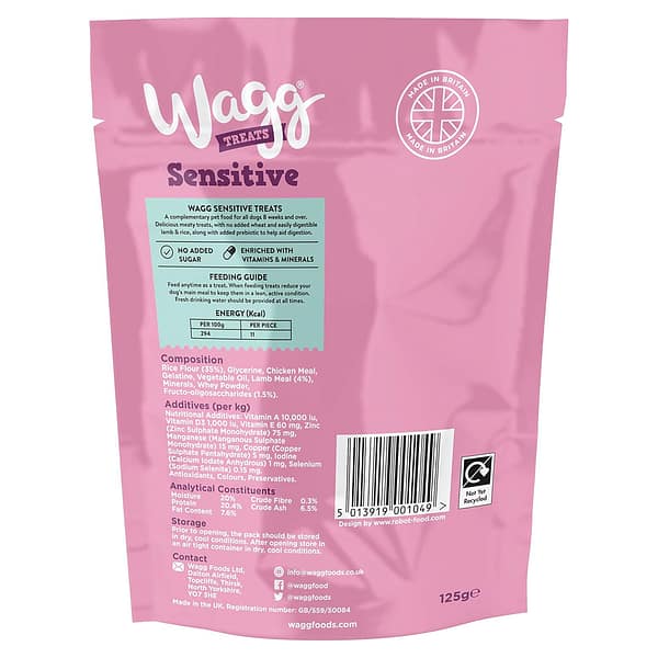 Wagg Sensitive Lamb & Rice Treats BOP 1080px Baack of Pink pack of Wagg Sensitive Dog treats in Lamb & rice flavour