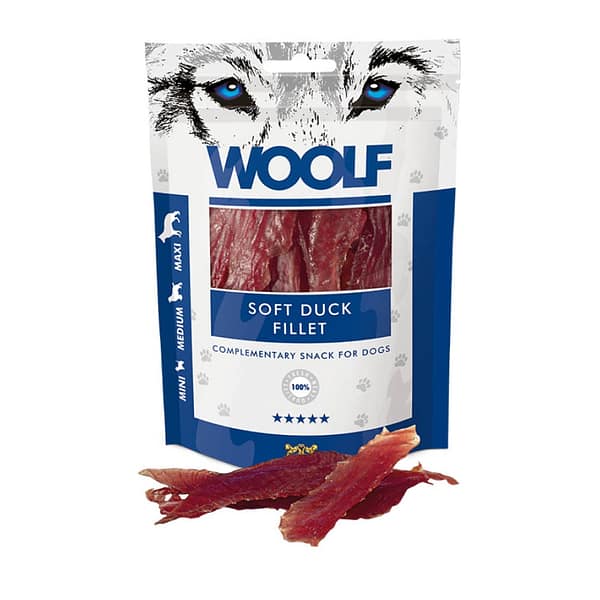 Woolf Soft Duck Fillet Pack open 1080px Pack of Woolf Soft Duck Fillet Dogs treats with a sample of product open in front of pack