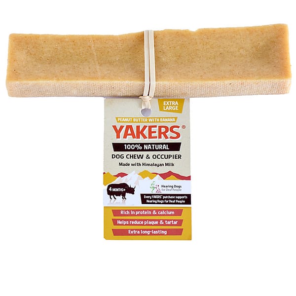 Yakers XL Yak Chew Dog Treat Peanut Butter Banana Flavour with product tag on elastic band round middle