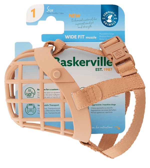 Baskerville Wide Fit Dog Muzzle on display card