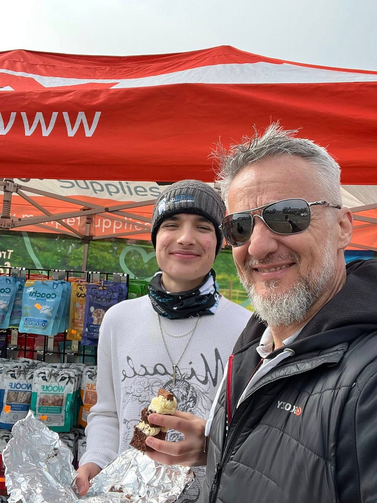 Matt and Harry, the father-and-son team behind MAH Pet Supplies, at their Derbyshire-based pop-up pet shop.