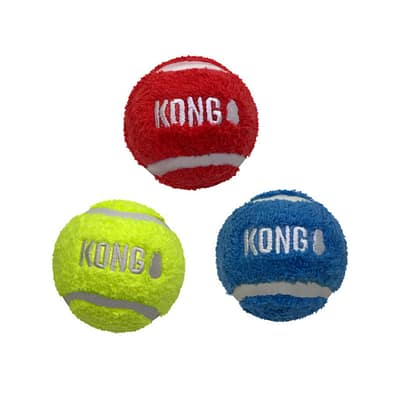 Set of 3 Tennis Ball Dog Toys in Red Green and Blue with KONG logo on
