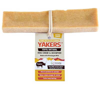 Yakers XL Yak Chew Dog Treat Peanut Butter Banana Flavour with product tag on elastic band round middle