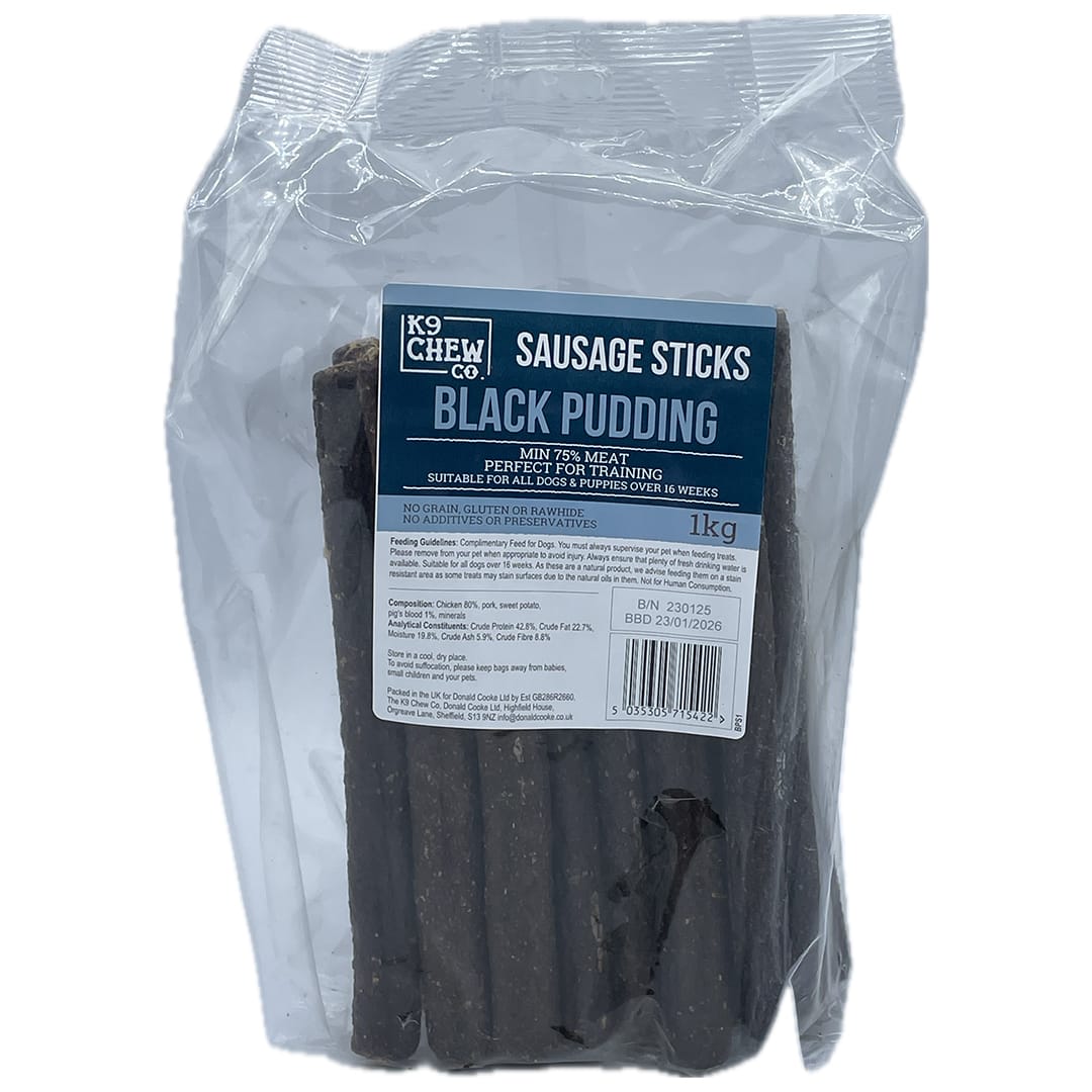 Black Pudding Sausage Sticks 1kg 1 1kg Bag of Black Pudding 20cm Sausage Sticks Dog Treats