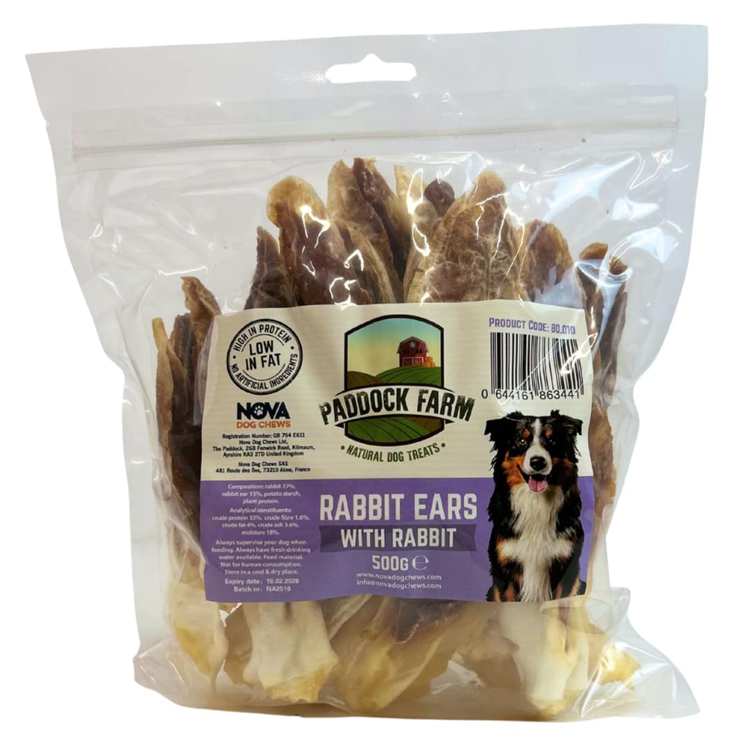 Paddock Farm Rabbit Ears with Rabbit 500g 2 Pack of Rabbit ears dog treats stuffed with rabbit meat