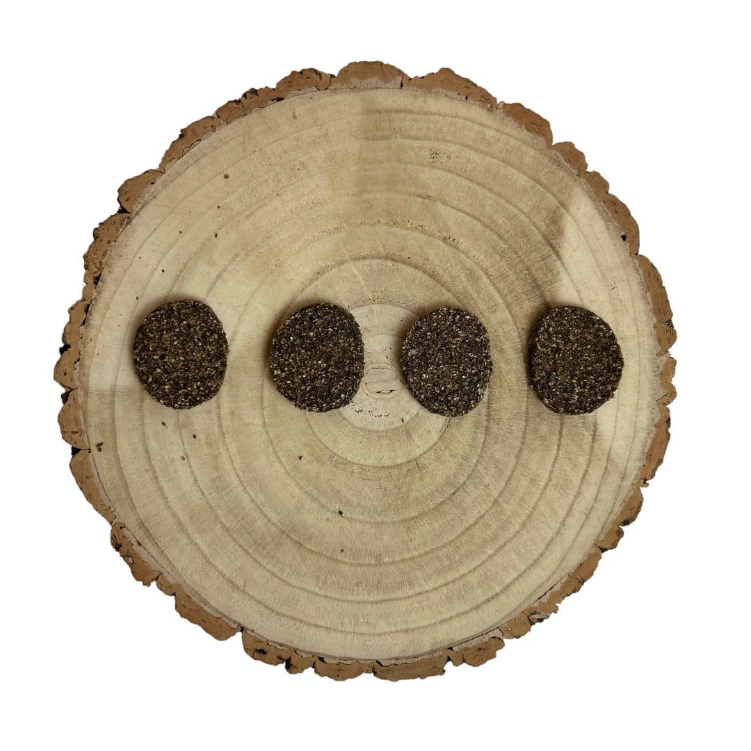 Paddock Farm Rabbit Burgers Natural Dog Treat 2 Overhead shot of 4 rabbit burger dog treats displayed on a log