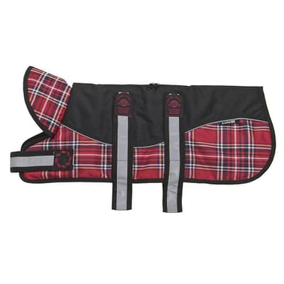 aniMate Black/Red Tartan Padded Harness Dog Coat