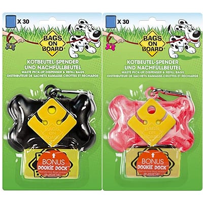 Two packs on bone shaped poo bag dispensers in their packaging. One black one pink