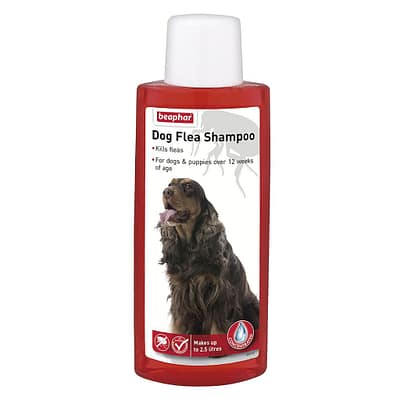 Bottle of Red Dog Flea Shampoo with a Cocker Spaniel on the front