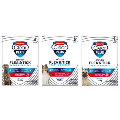 3 Packets of Dog Flea Spot-on each with a small, medium or large dog on front