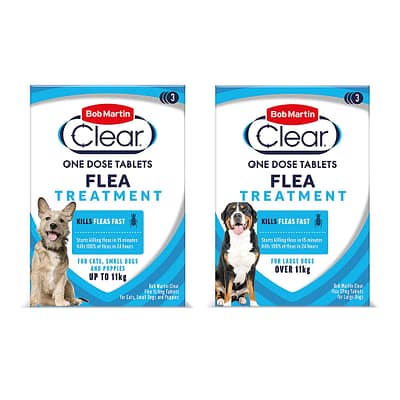 Two Packets of Dog Flea tablets, one with a small dog, one with a larger dog