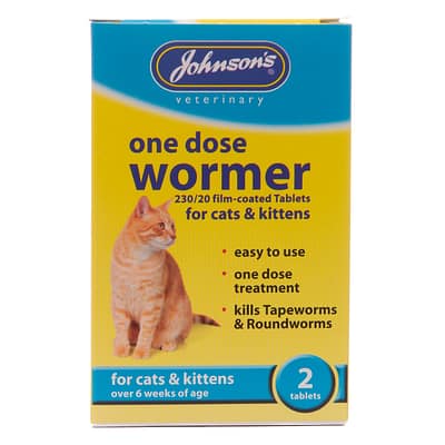 Johnson's One Dose Wormer tablets for Cats & Kittens. Yellow and Blue box with a ginger cat on the front