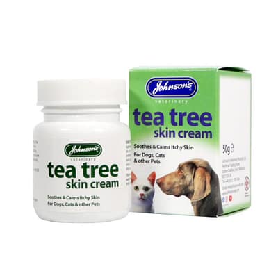 50g tub of Tea Tree cream next to its box with cat and dog on front