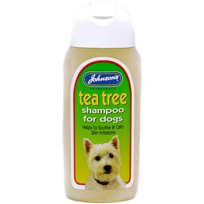 Bottle of Johnsons Tea Tree Dog Shampoo with a Westie in the label