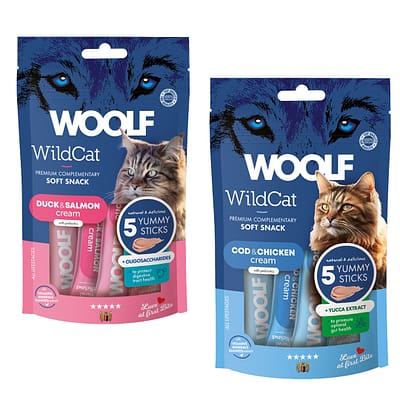 Two packs of Woolf Wildcat Cream treats in Cod & Chicken and Duck & Salmon